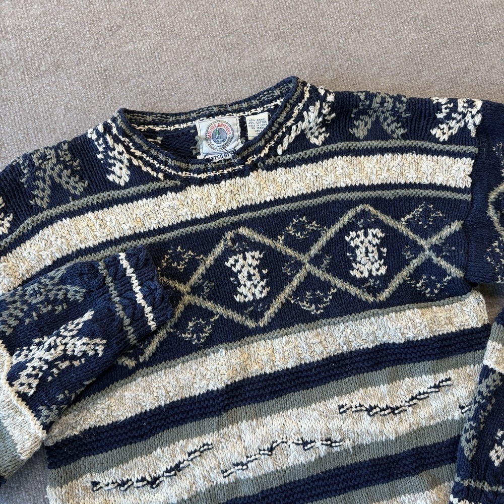 Vintage Cape Isle Knitters Sweater Hand Knit Blue White Men's‎ Size M